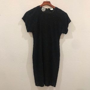 Vintage Stenay silk beaded cocktail little black dress size 6 short sleeves